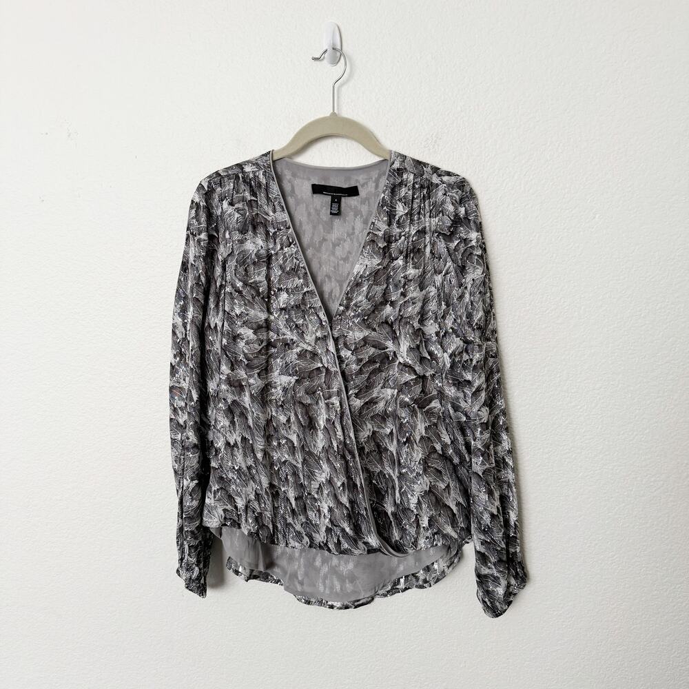 [White House Black Market] Silver Feather Print Surplice Long Sleeve Blouse Sz 4